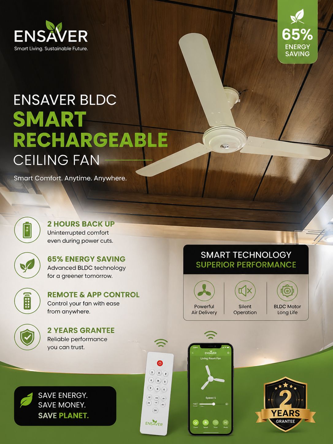 NSAVER 52 INCH SMART BLDC RCHARGEABLE CEILING FAN